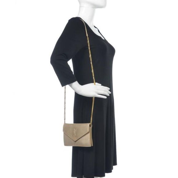 Saint Laurent Monogram Envelope Chain Wallet Metallic Fabric Champagne Gold - Picture 2 of 12